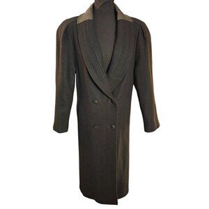 Vintage J.F. II Double Breasted Wool Blend Black Overcoat With Leather Trim, M